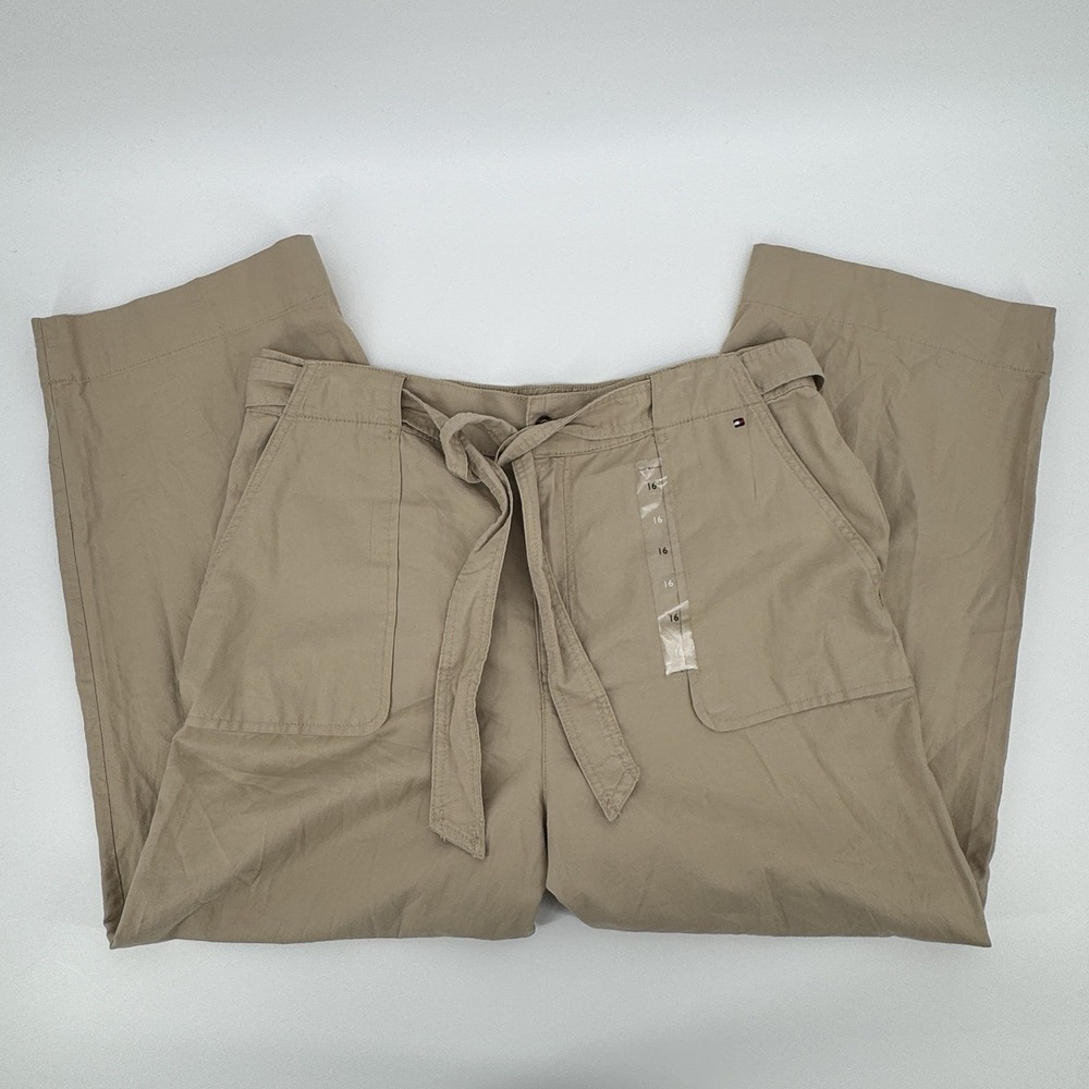 Tommy Hilfiger Women's 16 Beige Wide Leg Ankle Pants Coastal Casual Utility Chic